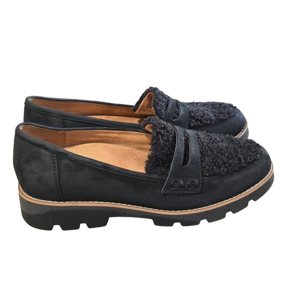 Vionic Cheryl Faux Fur Black Leather Loafers Comfortable Lug Sole Women's 7.5 - Picture 1 of 6
